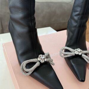 MACH & MACH Black Leather Boots with Silver Bow Size 8